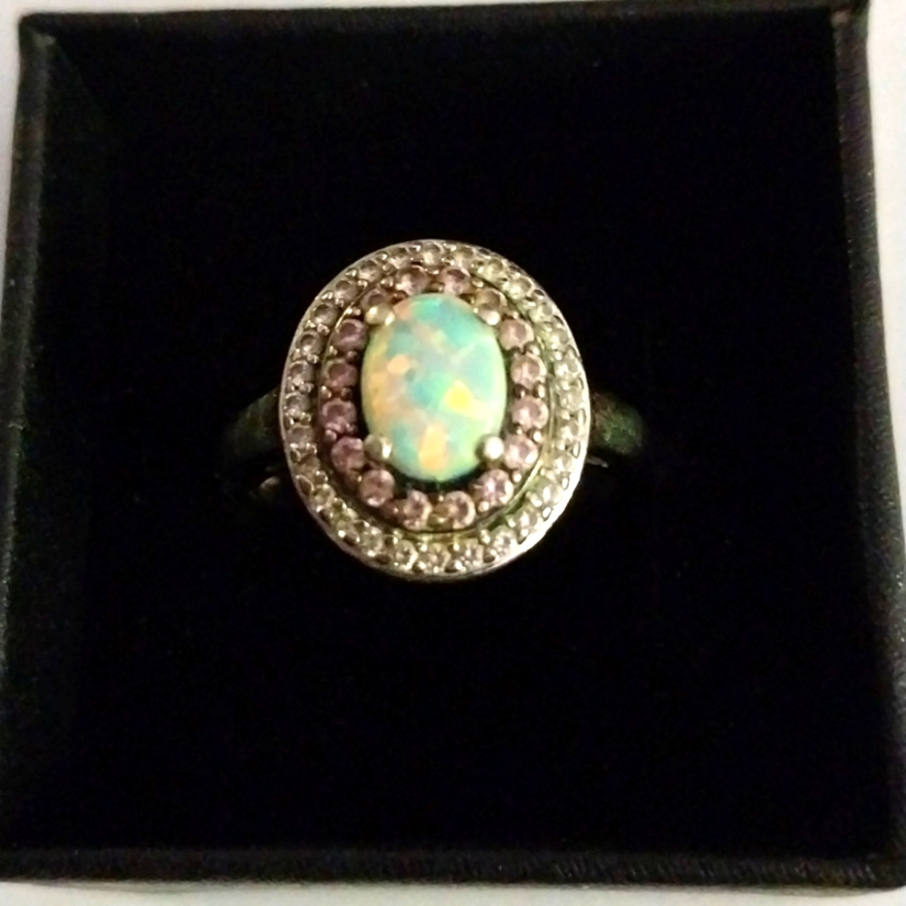 Fire Opal .925 Oval CZ Rhinestone Ring Size 6 3/4